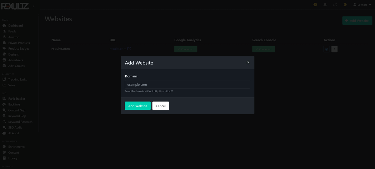 The Websites page in Rexultz with Google Analytics and Search Console connected, and the Add Website dialog open