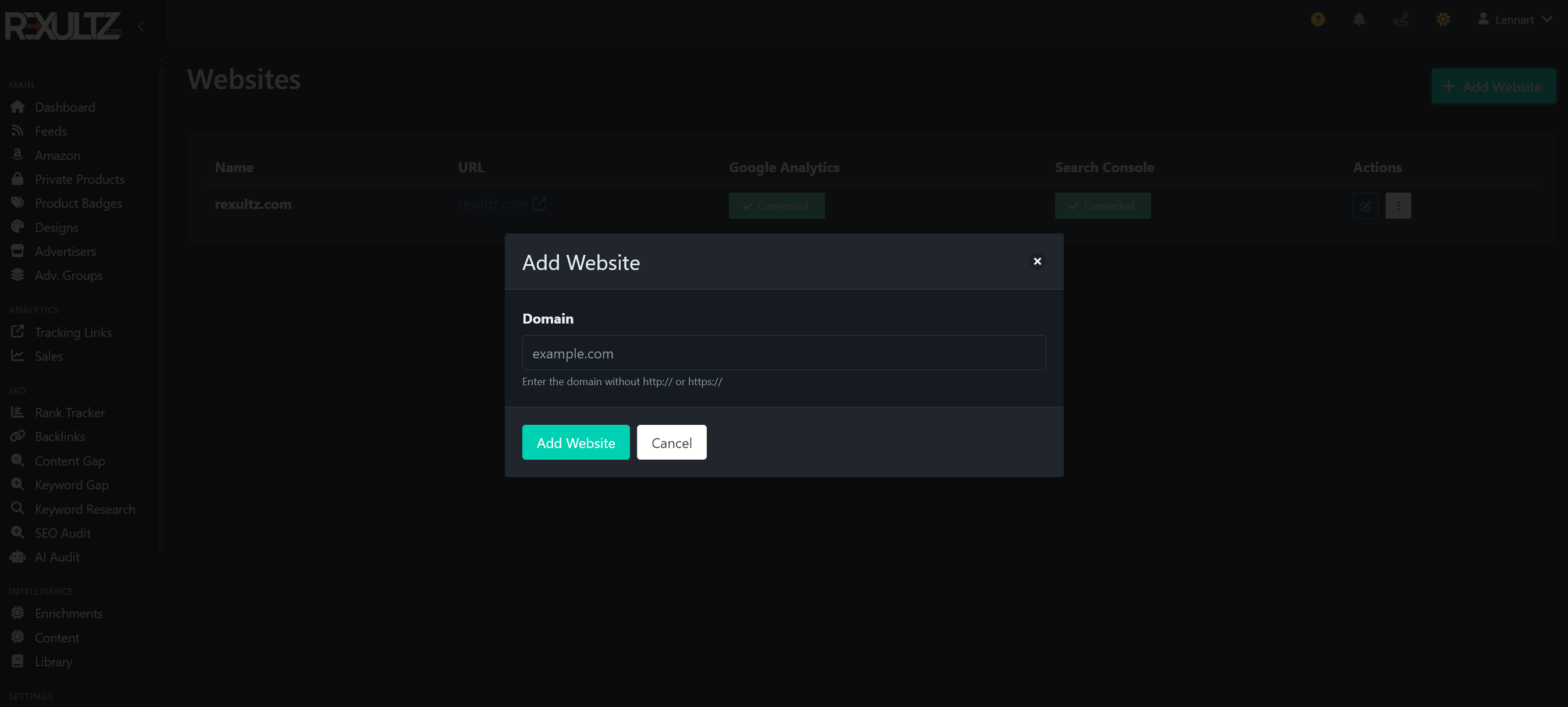 The Websites page in Rexultz with Google Analytics and Search Console connected, and the Add Website dialog open
