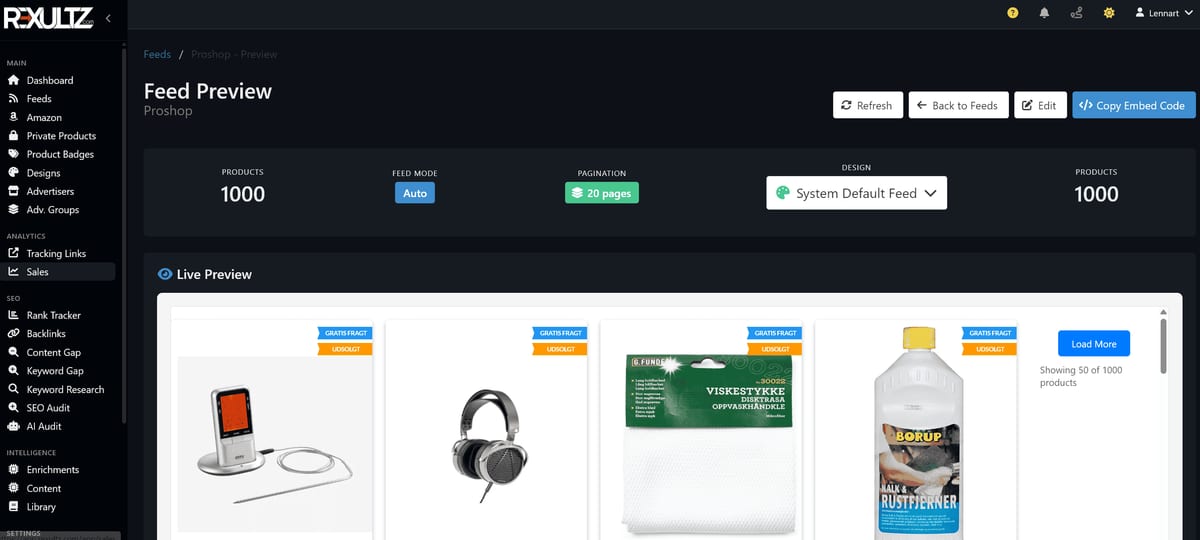 Rexultz feed preview showing a grid of product cards with a live preview