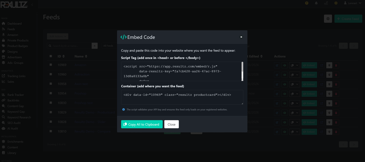 The Rexultz Embed Code dialog showing the script tag and the container div snippet for a feed
