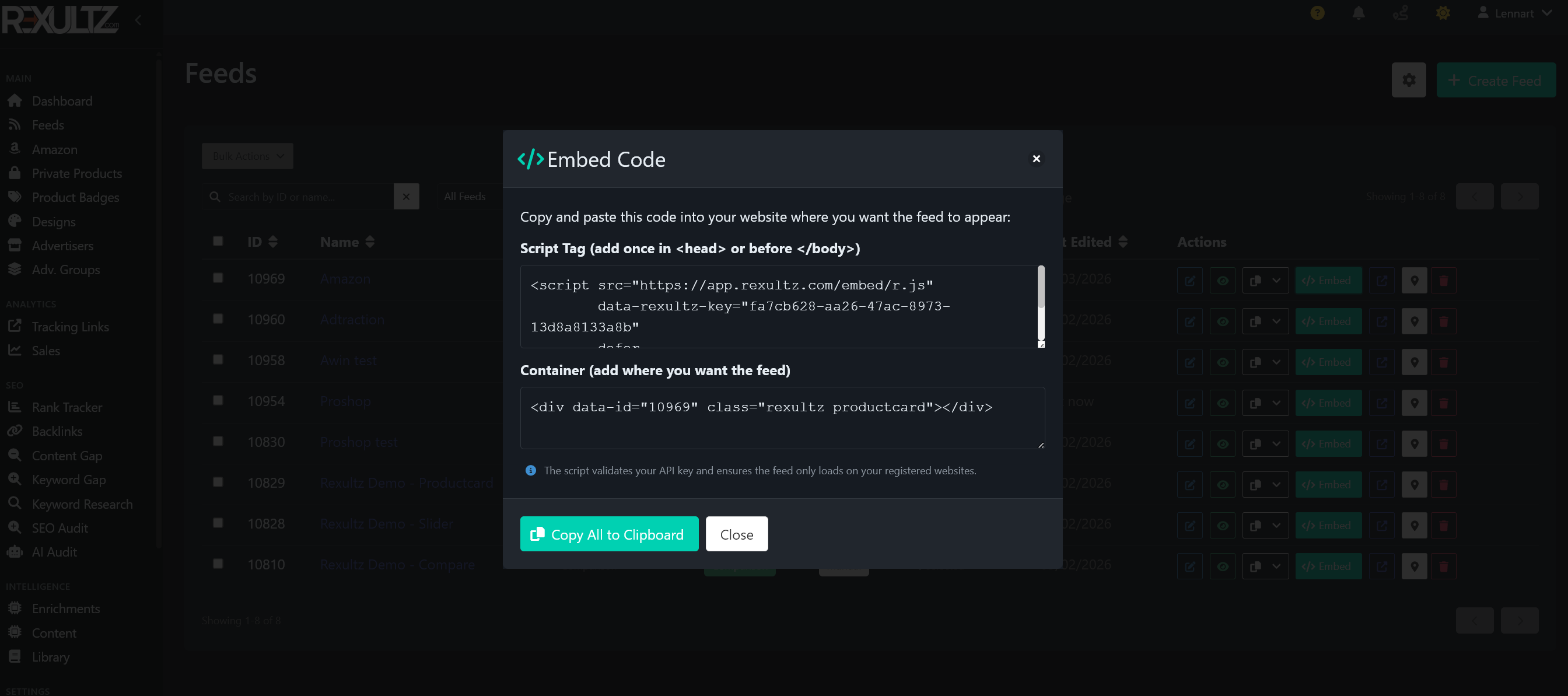 The Rexultz Embed Code dialog showing the script tag and the container div snippet for a feed