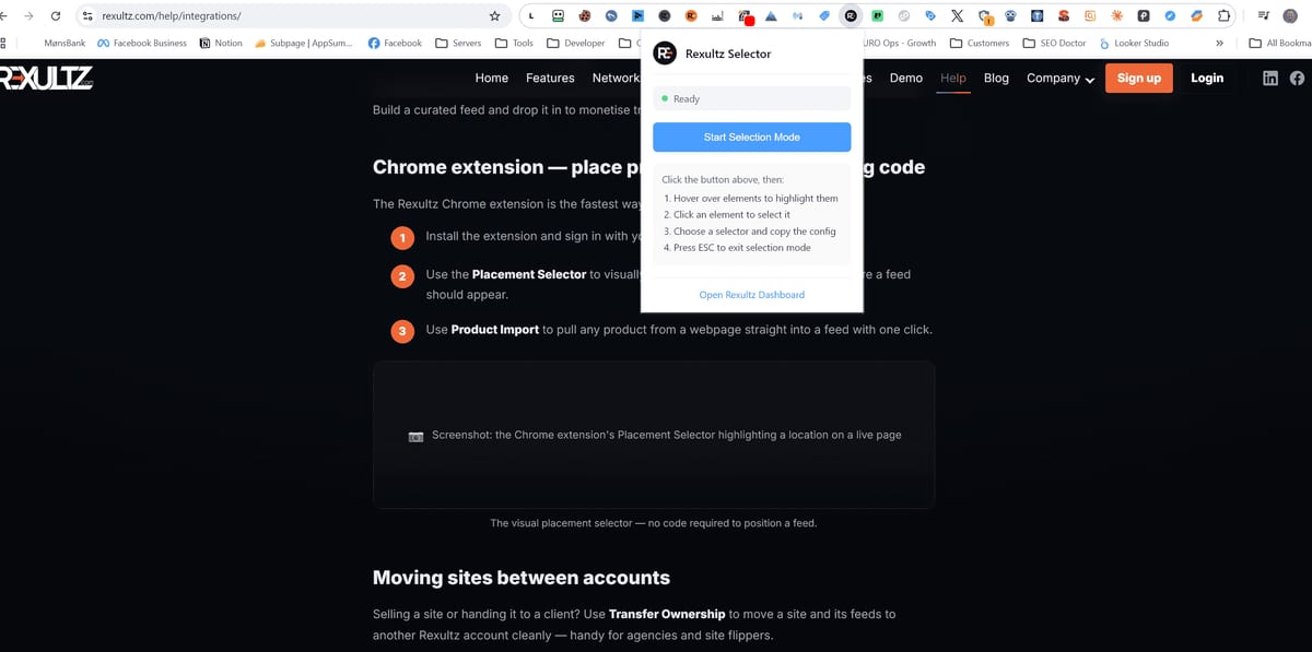 The Rexultz Chrome extension Selector popup with Start Selection Mode, open on a live page