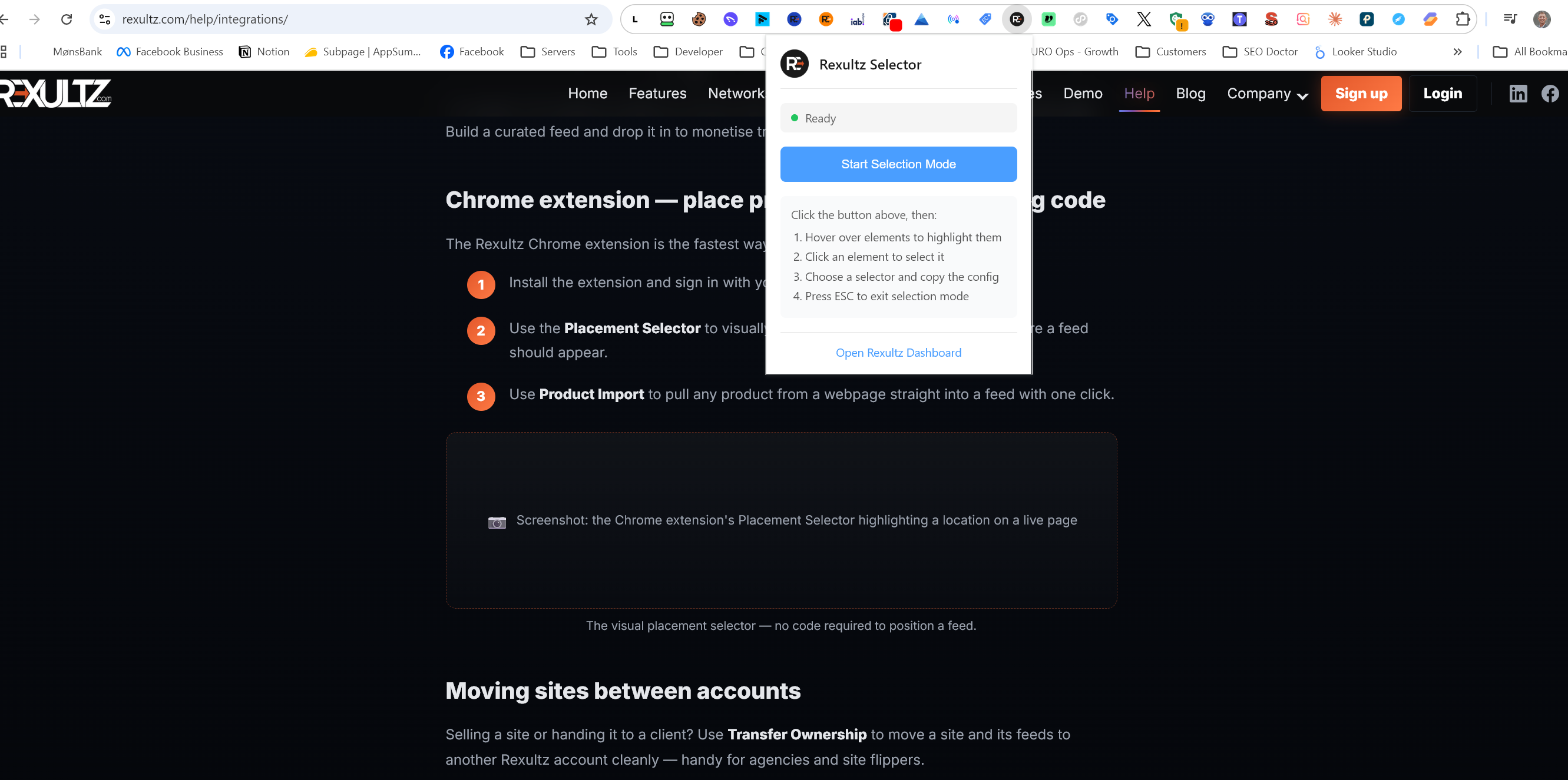 The Rexultz Chrome extension Selector popup with Start Selection Mode, open on a live page