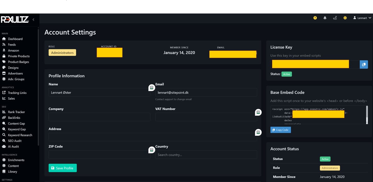 The Rexultz Account Settings page showing the License Key / API key and the base embed code