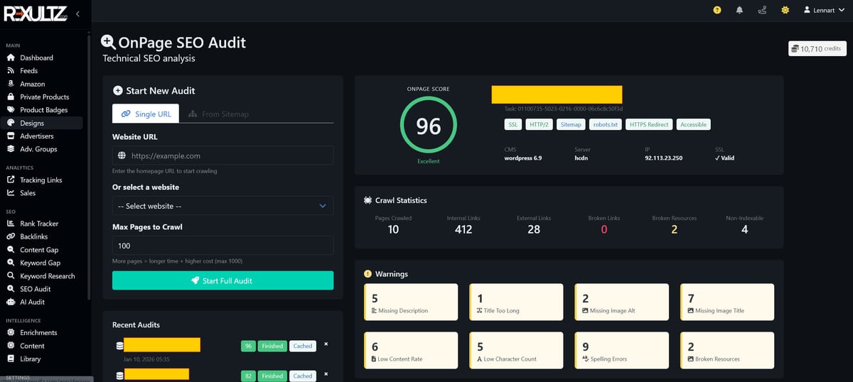 A Rexultz OnPage SEO audit with an overall score of 96, crawl statistics and prioritised warnings