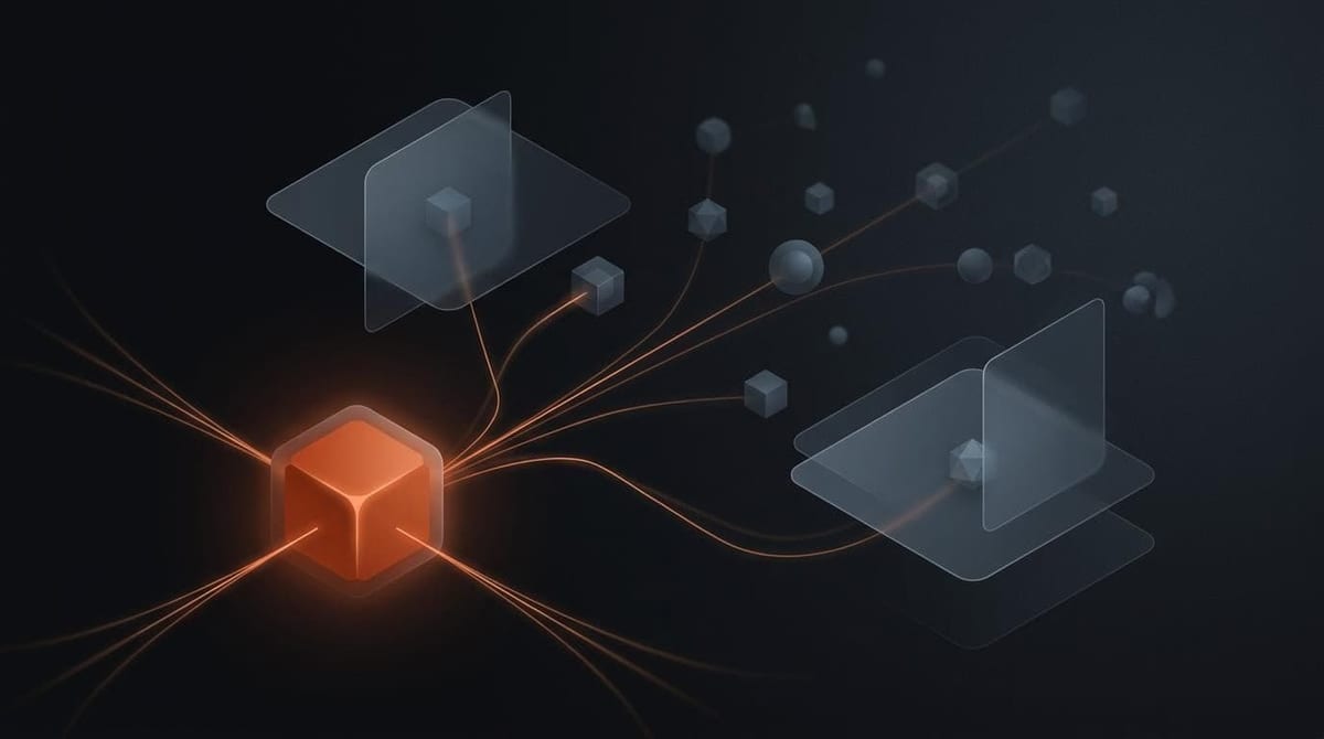 Abstract dark illustration: a single glowing orange node branching outward into a sparse network of dimmer nodes