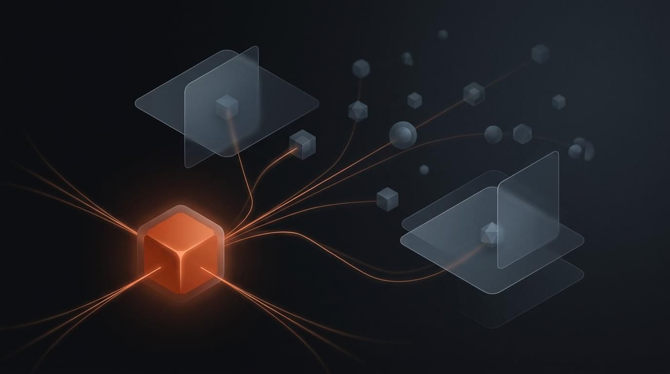Abstract dark illustration: a single glowing orange node branching outward into a sparse network of dimmer nodes