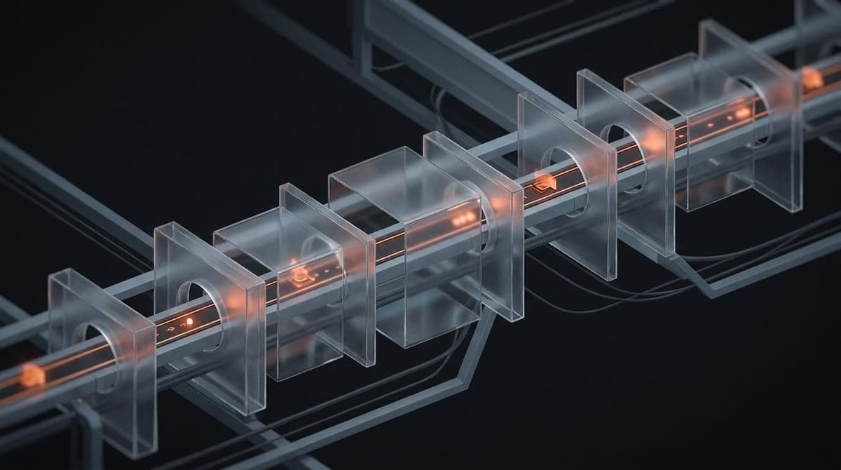Abstract dark illustration: a modular pipeline of glass blocks with glowing orange elements moving through it