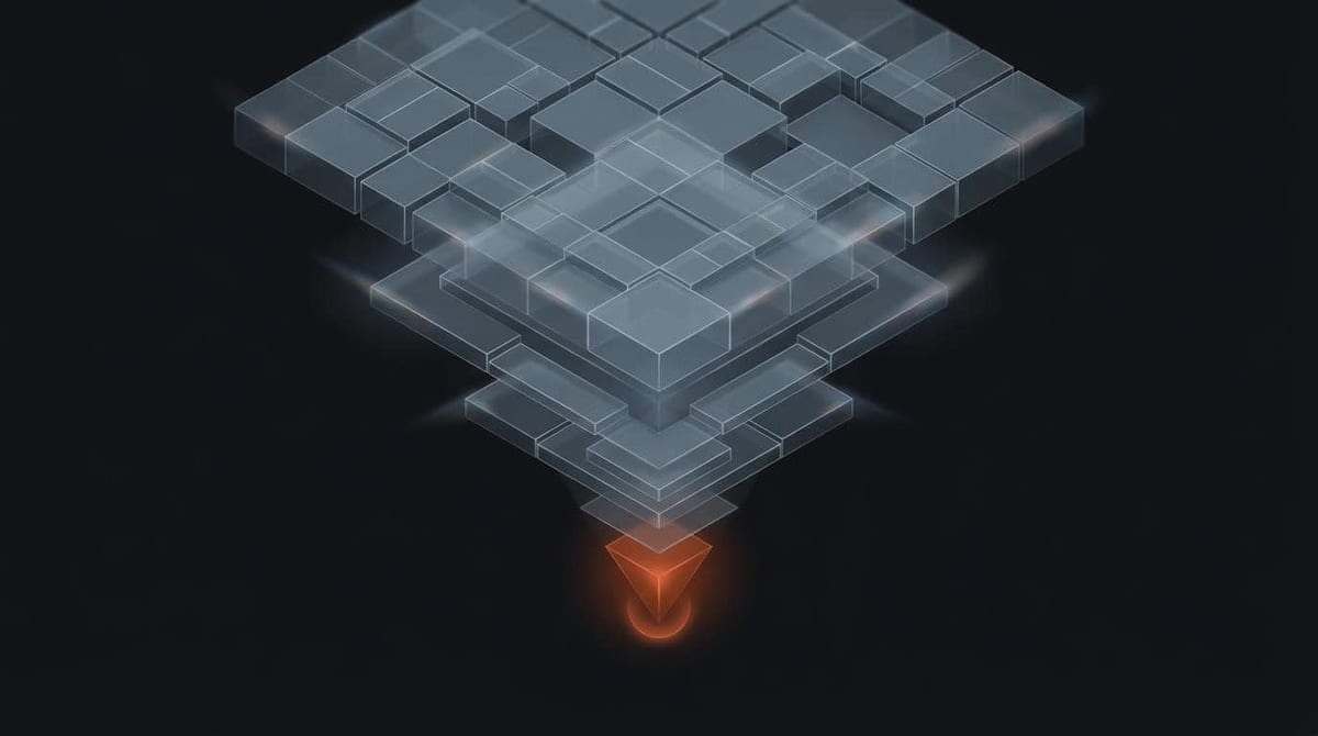Abstract dark illustration: a layered hierarchy of tiles narrowing down into a single glowing orange point