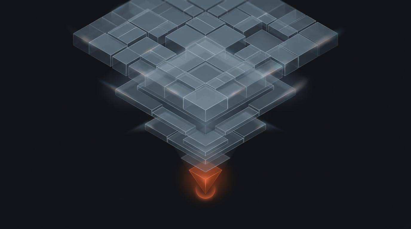 Abstract dark illustration: a layered hierarchy of tiles narrowing down into a single glowing orange point