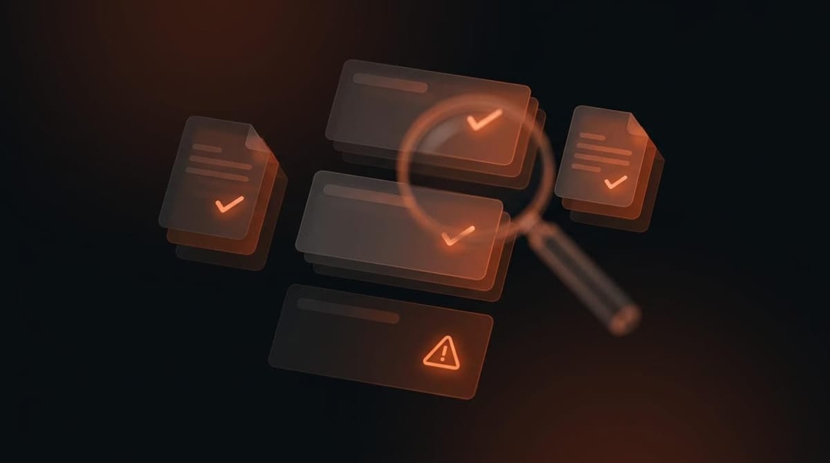 Content audit concept: document cards with orange checkmarks and one flagged with a warning, under a magnifier